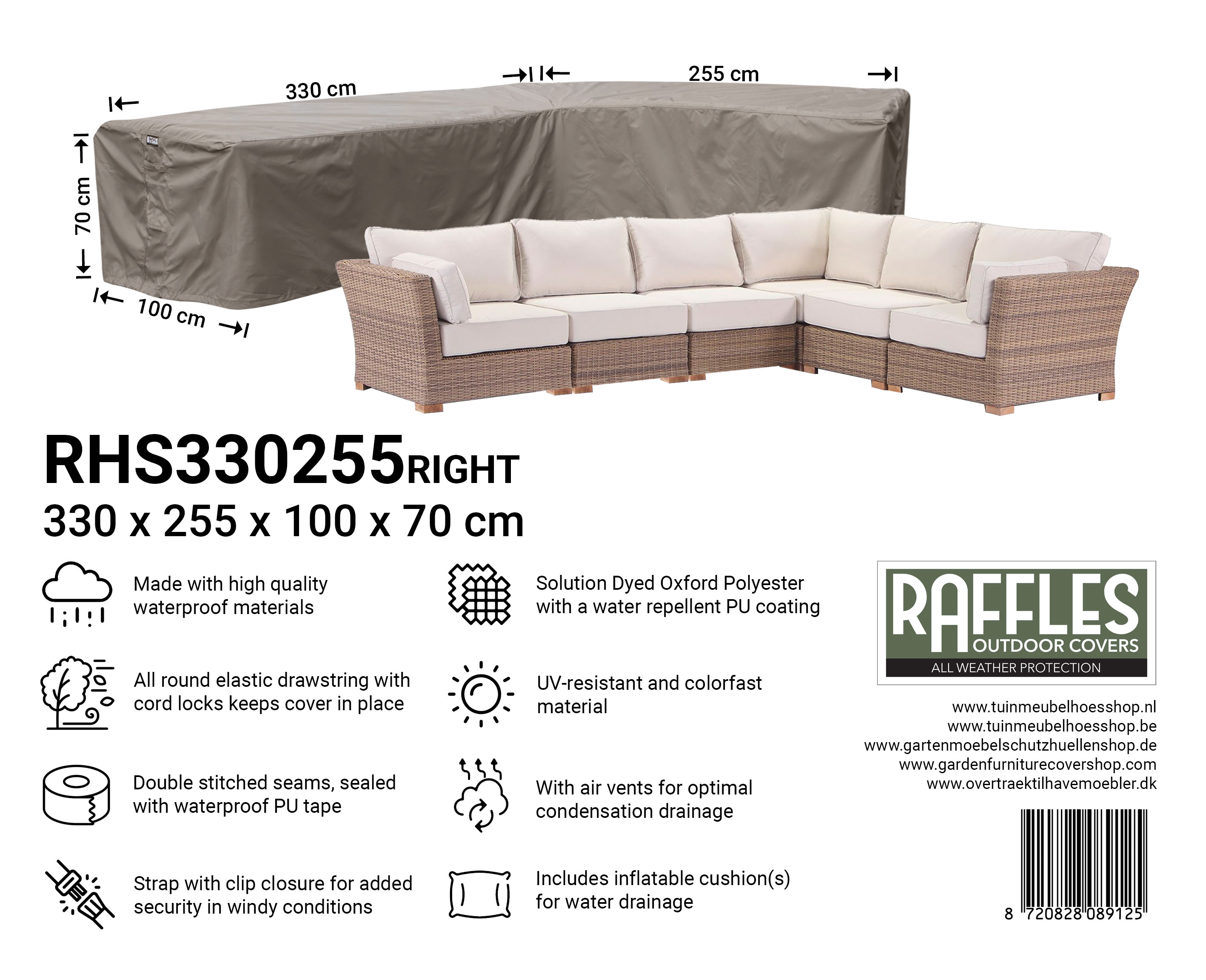 RHS330255right_8720828089125 RHS330255right Grote lounge hoekbank hoes 330 x 255 x 100 H: 70 cm