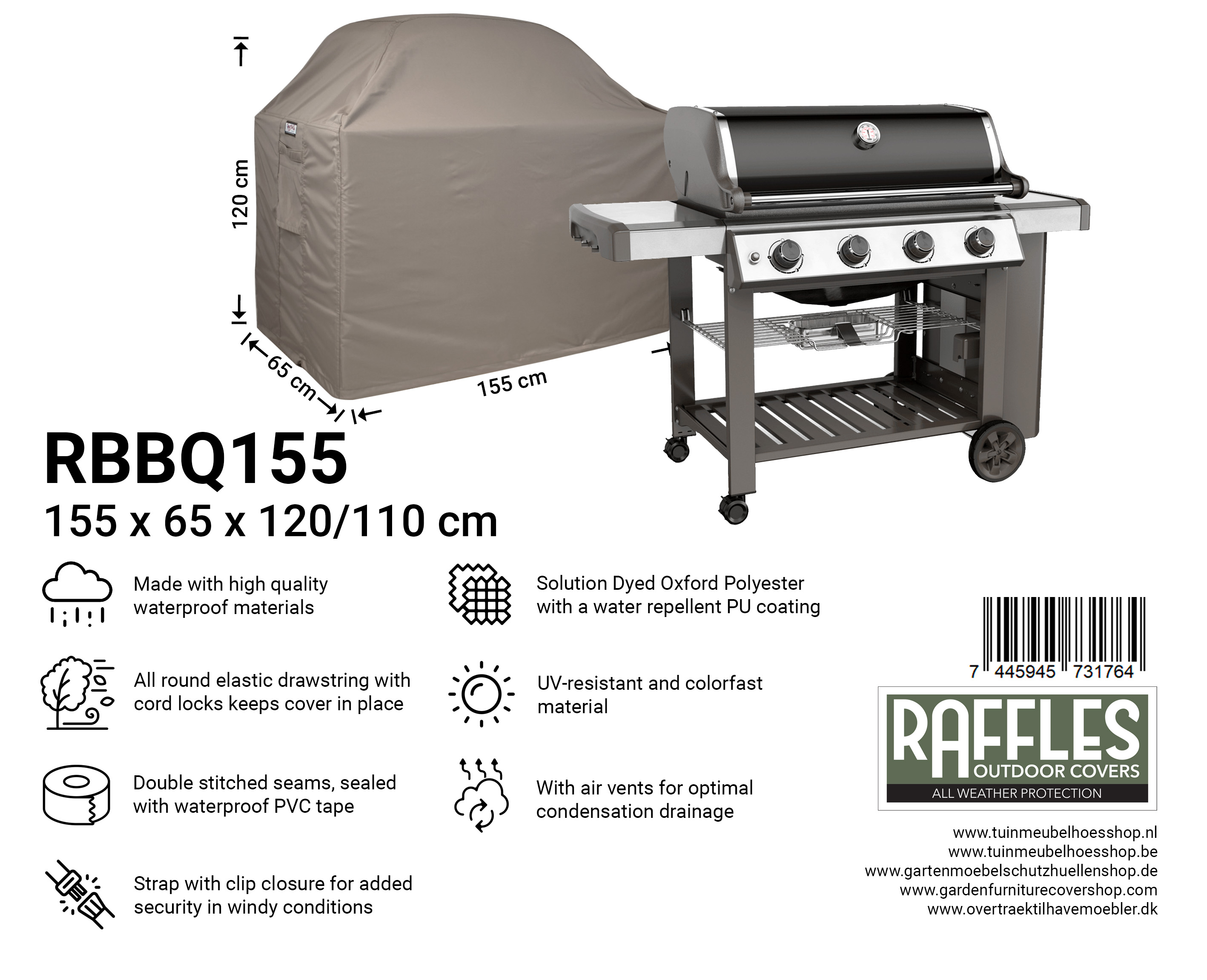 BBQ Grill Abdeckhaube 155 x 65 H: 120/110 cm