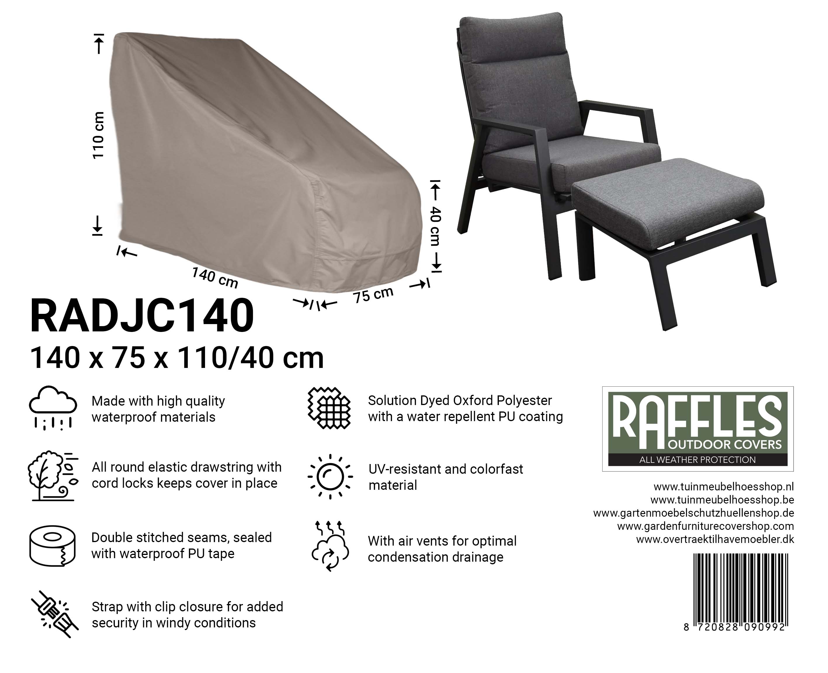 Schutzhülle Sessel 140 x 75 H: 110 / 40 cm, hohes Modell verstellbar plus Fußhocker 