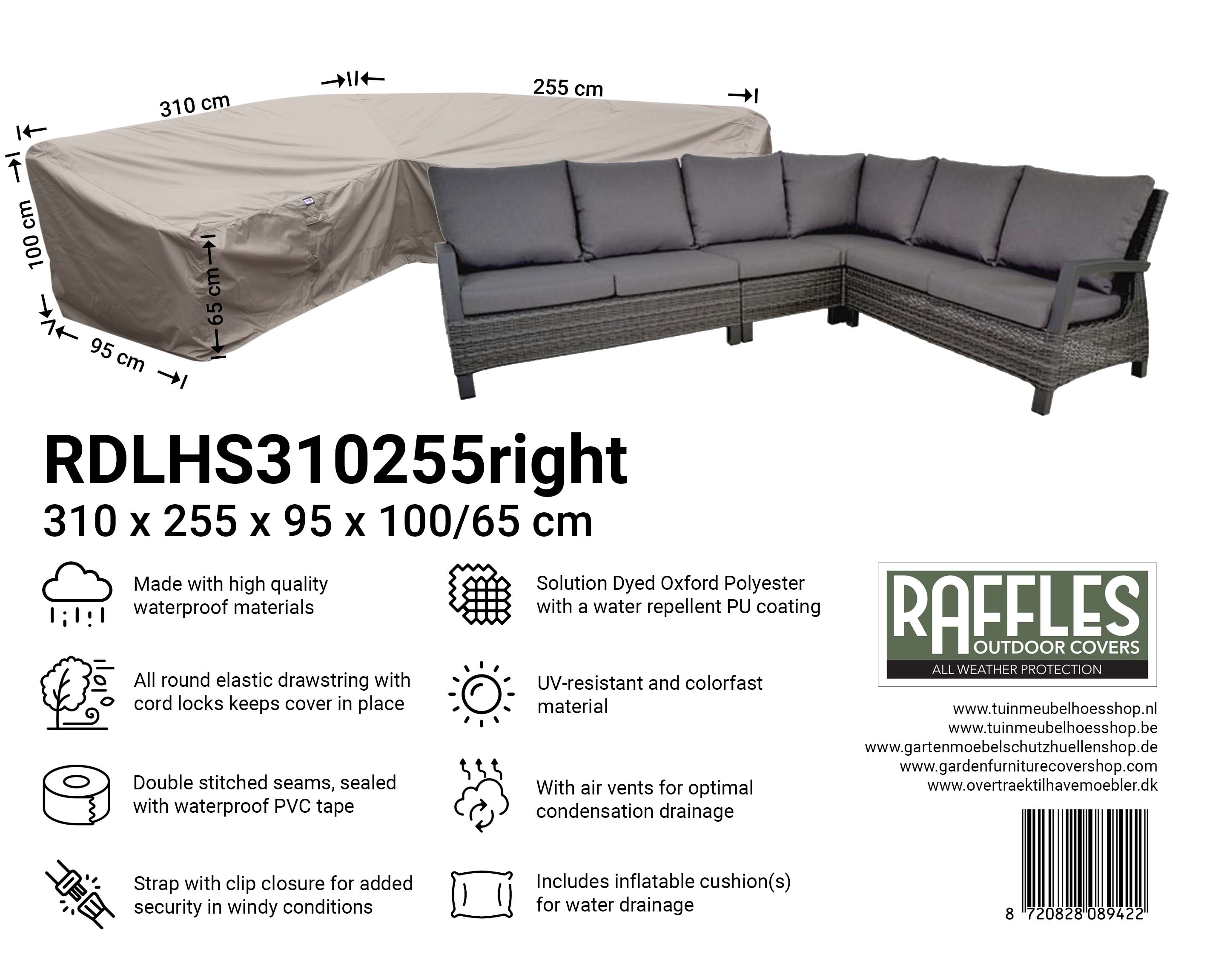 RDLHS310255right_8720828089422 Schutzhülle Eckbank Dining 310 x 255 x 95 H: 100/65 cm