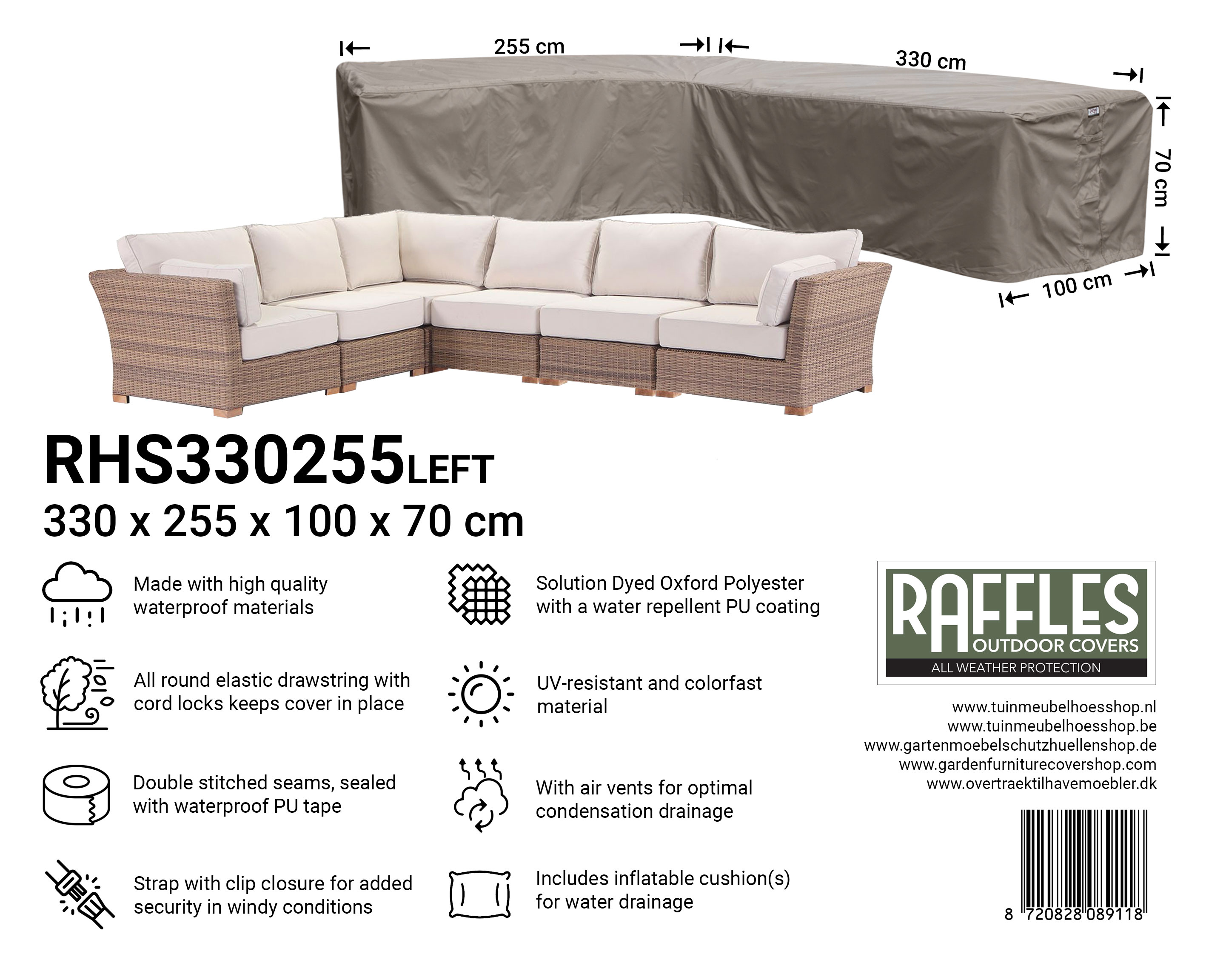 RHS330255left_8720828089118 RHS330255left lounge hoekbank hoes 330 x 255 x 100 H: 70 cm