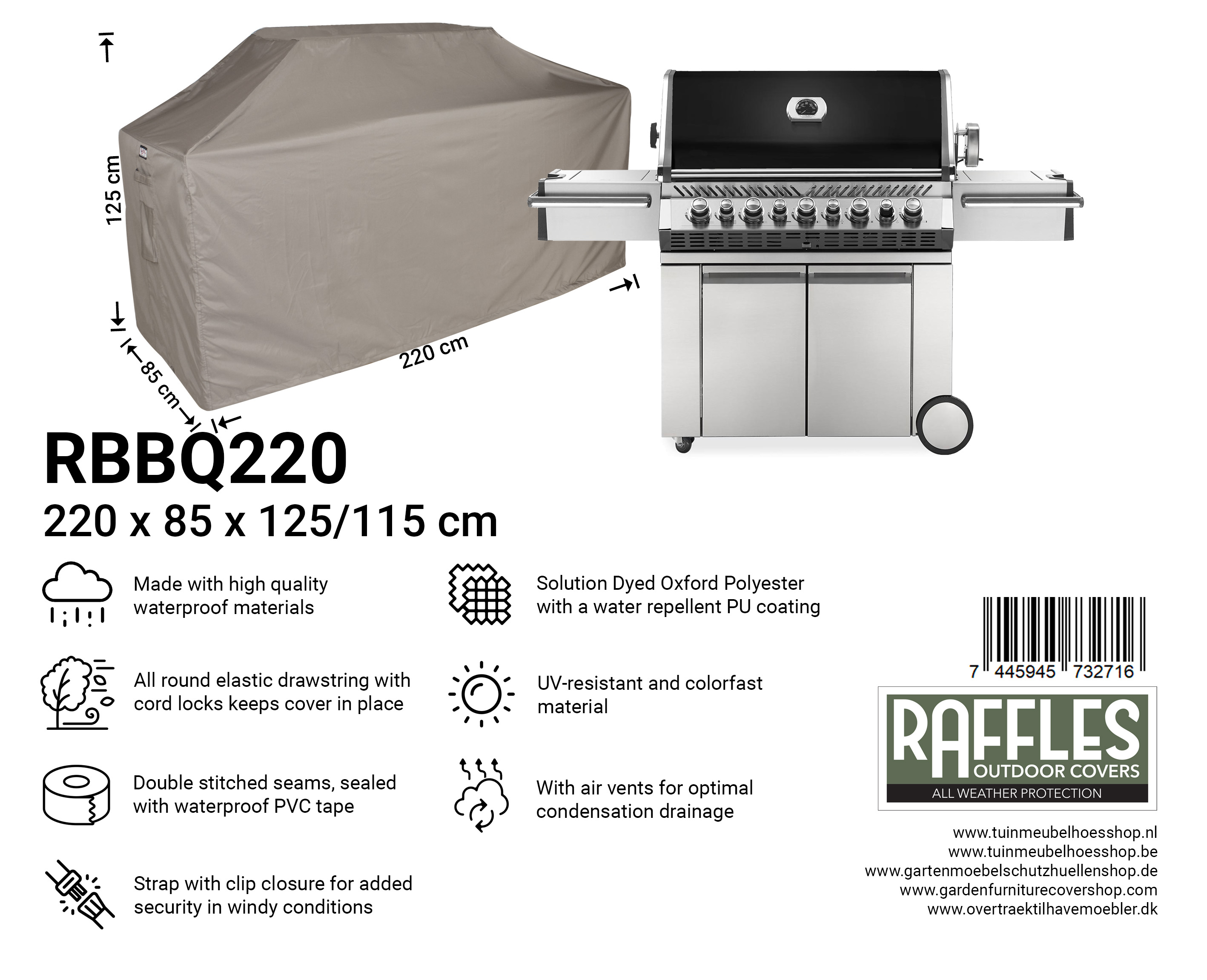 Abdeckhaube für Gasgrill 220 x 85 H: 125/115 cm