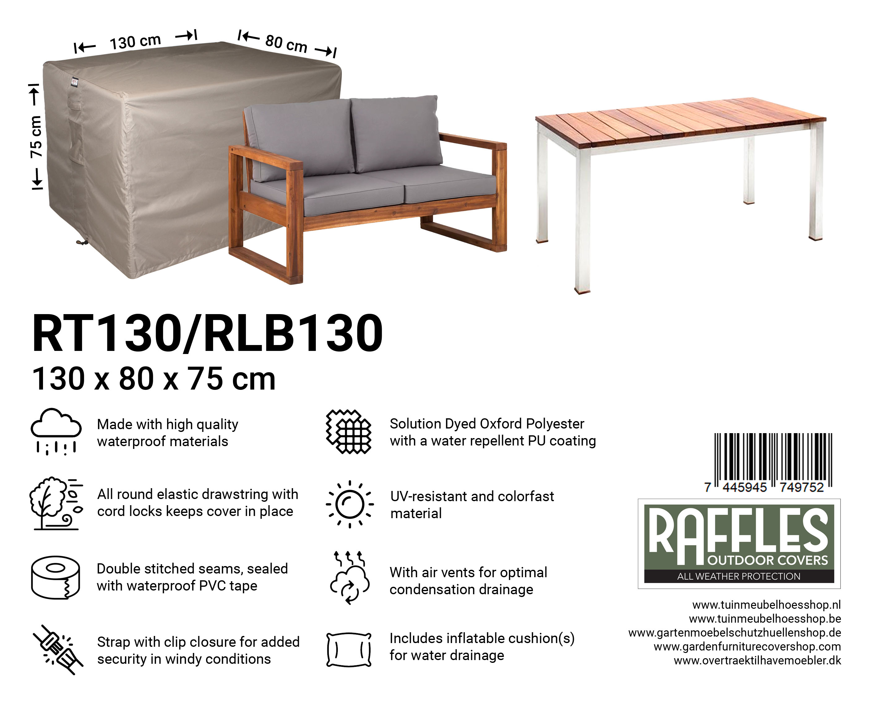 RT130-RLB130_7445945749752-74459457417709dXjp3AaNaWzH Gartenmöbel Abdeckhaube Loungebank 130 x 80 H: 75 cm