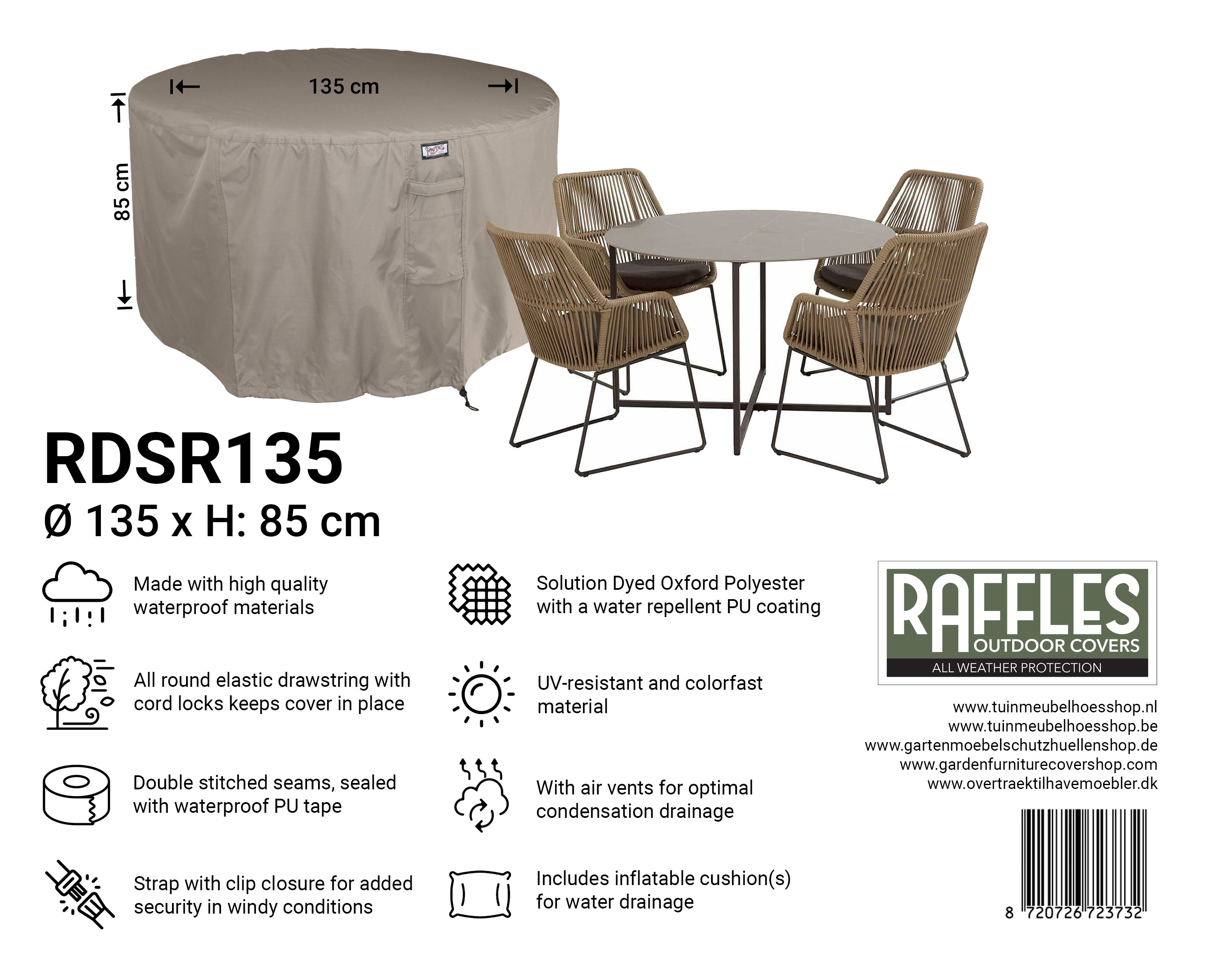 Wetterhaube für runder Tisch mit 4 Gartenstühle Ø 135 H: 85 cm Wetterhaube für runder Tisch mit 4 Gartenstühle Ø 135 H: 85 cm