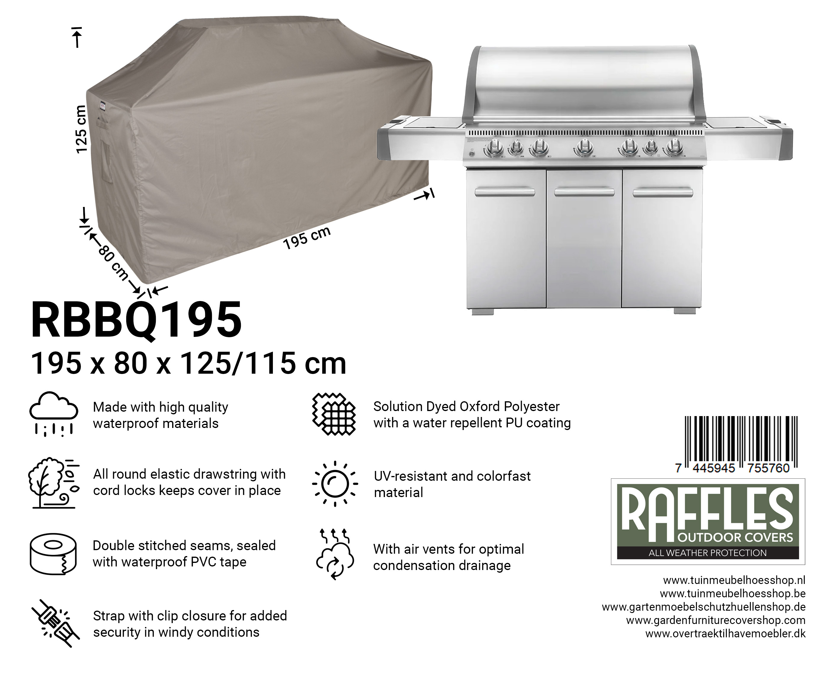 RBBQ195_7445945755760 BBQ Schutzhaube Grill 195 x 80 H: 125/115 cm