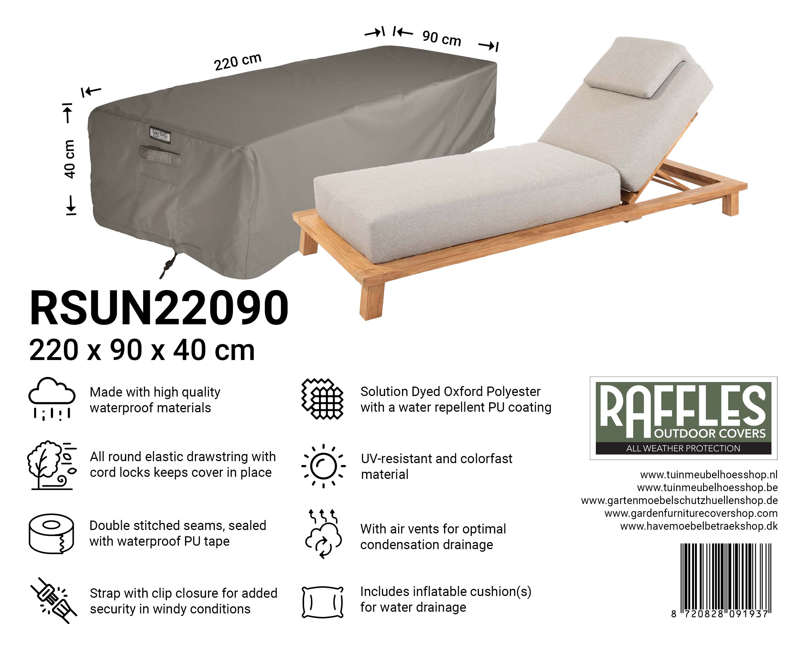 Abdeckung für Garten Sonnenliege XL 220 x 90 H: 40 cm