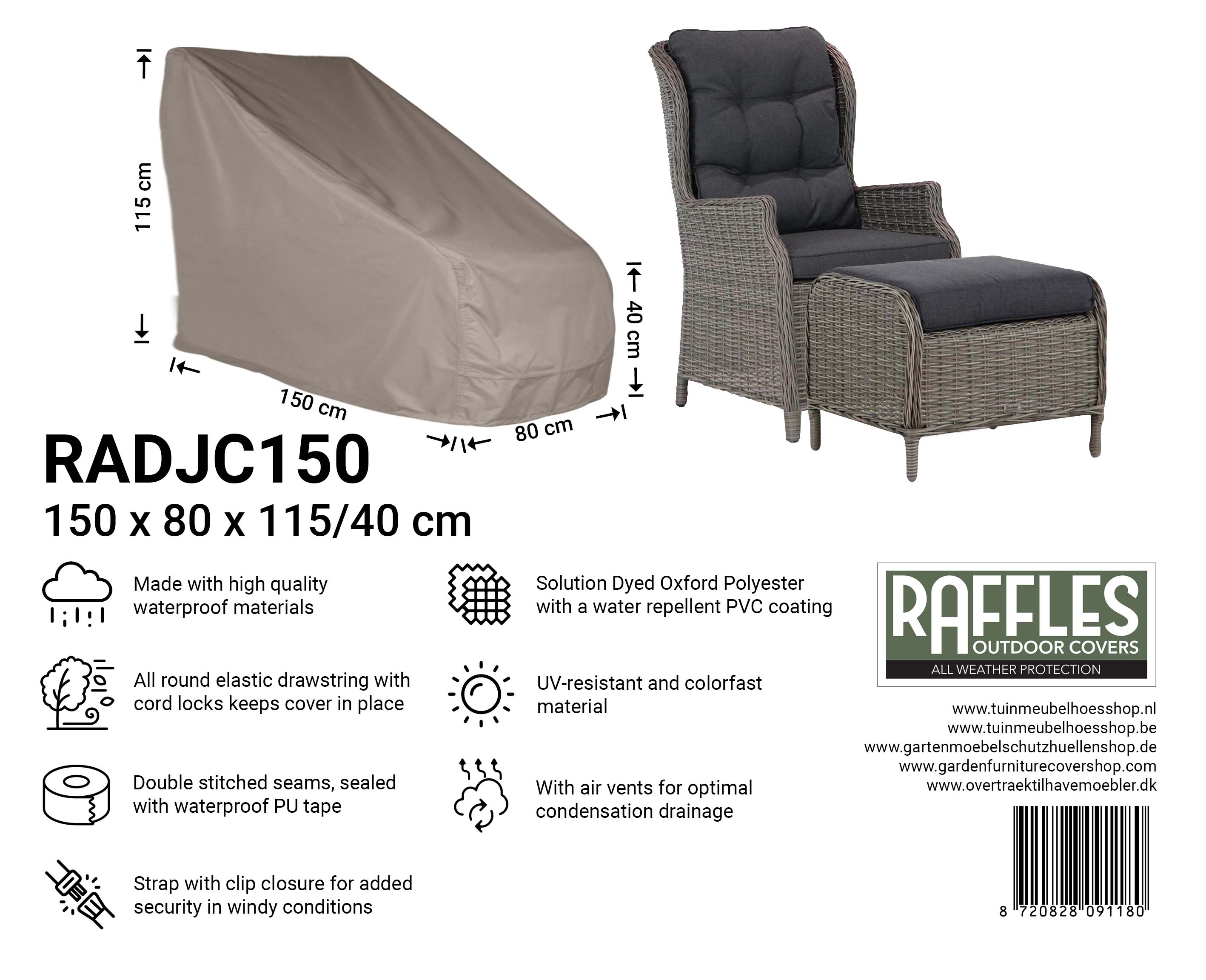 Schutzhülle für verstellbarer Gartenstühle mit hoher Rückenlehne 150 x 80 H: 115/40 cm