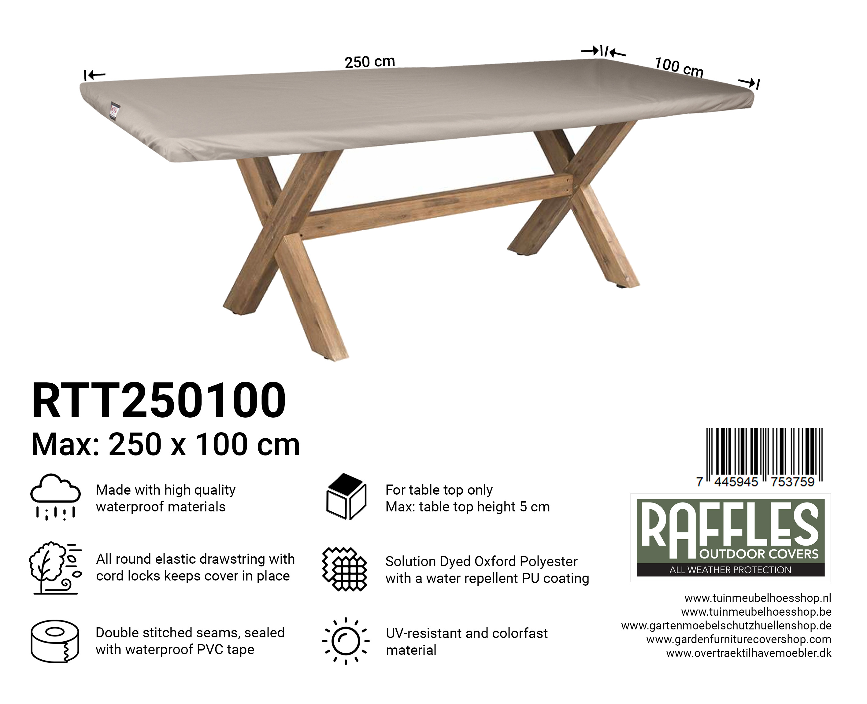 RTT250100 tafelblad hoes 250 x 100 cm