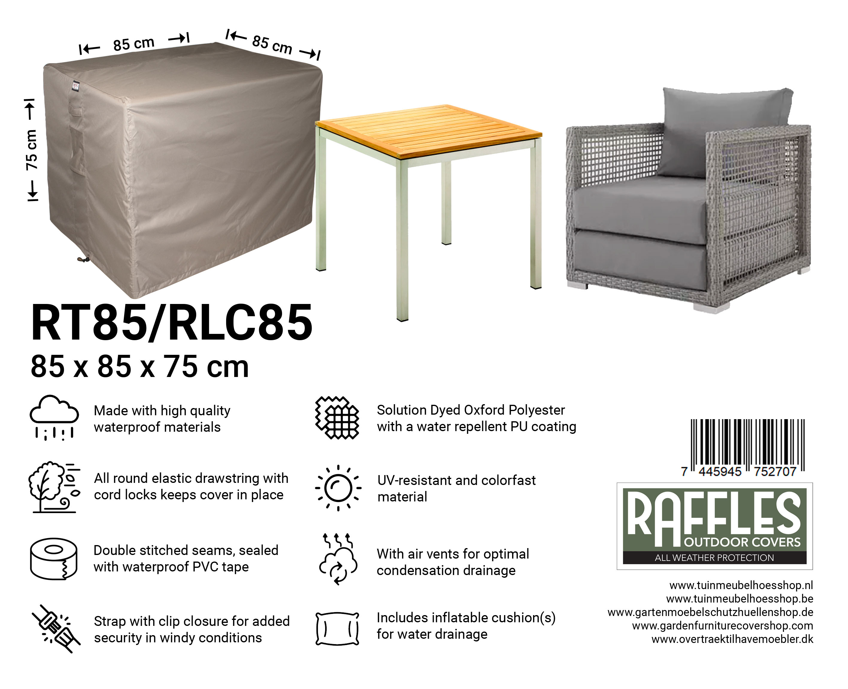 RT85-RLC85_7445945752707-7445945745716HcGDqm9ANTl3J Abdeckplane für quadratische Gartentisch 85 x 85 H: 75 cm