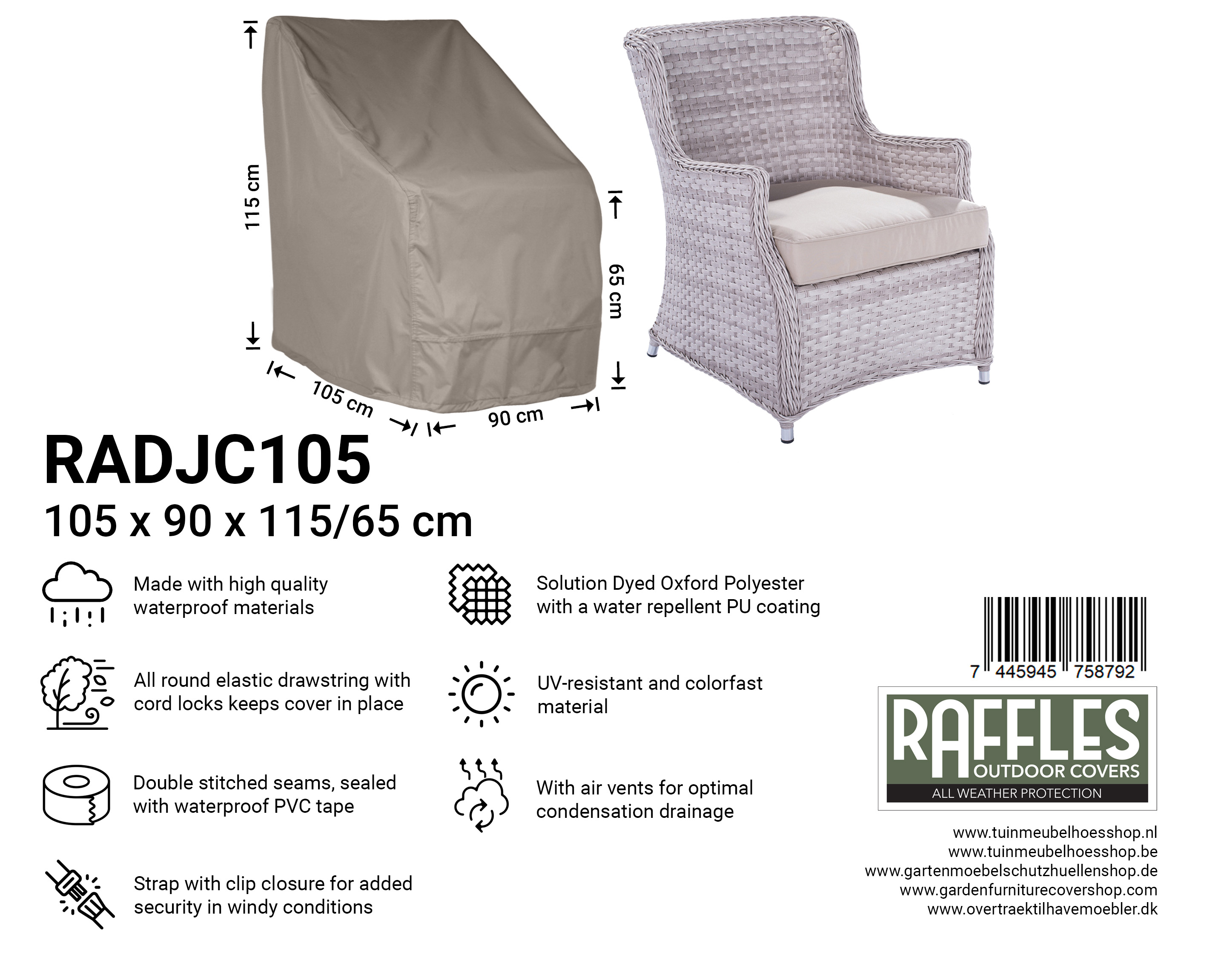Schutzhülle für Gartenstühle mit hoher Rückenlehne 105 x 90 H: 115/65 cm