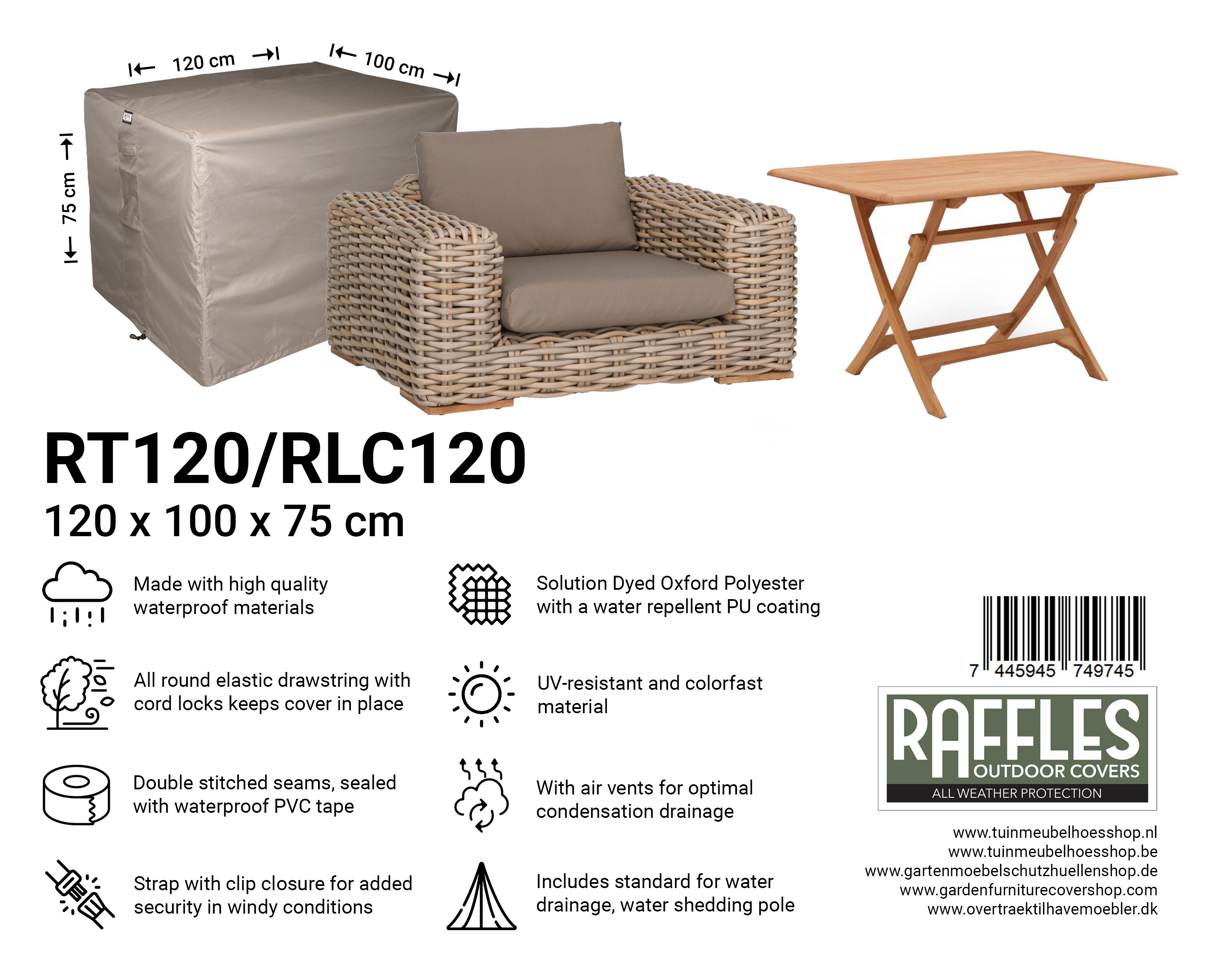 RT120/RLC120 hoes tuintafel/lounge stoel 120 x 100 H: 75 cm