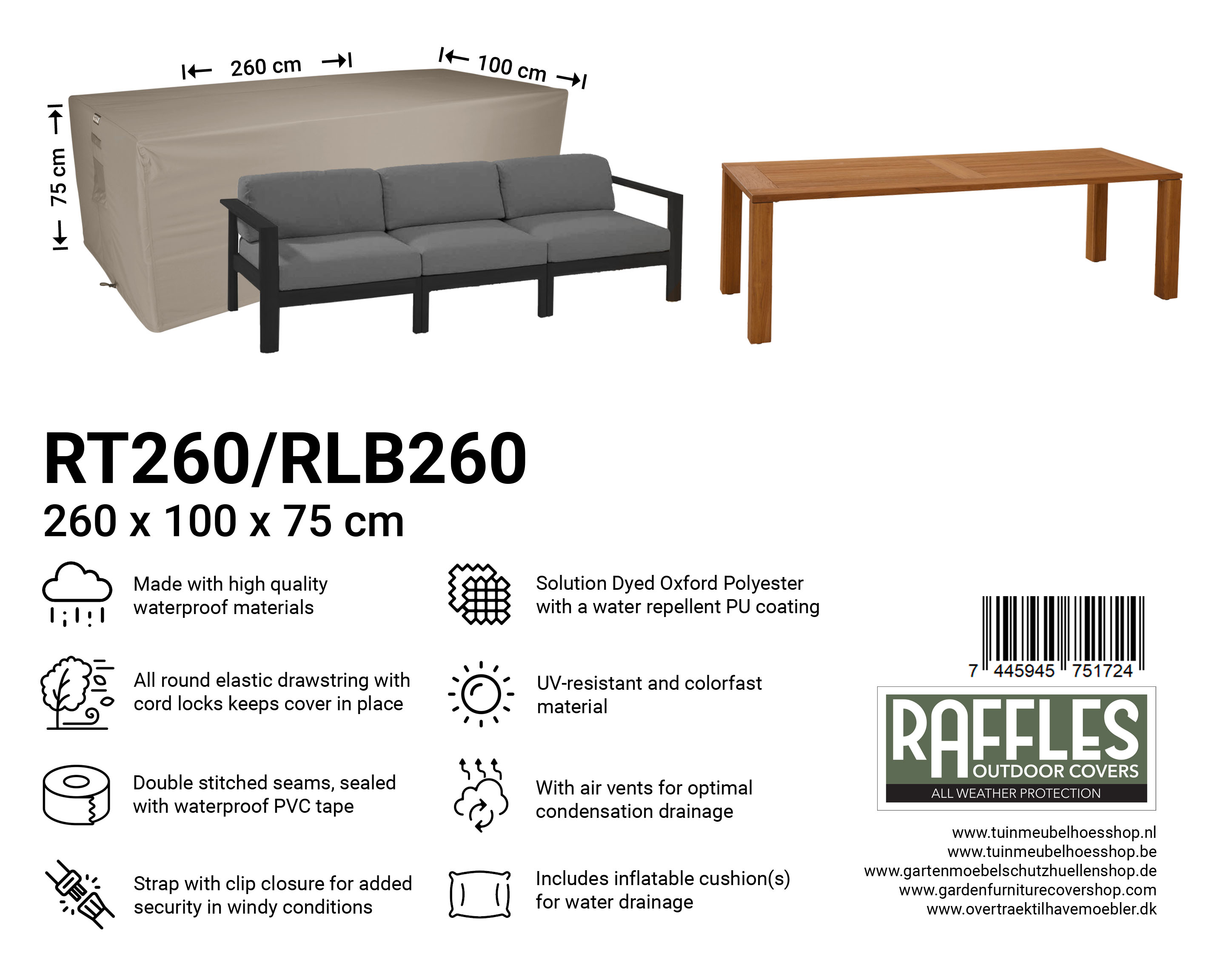 RT260-RLB260_7445945751724-7445945743767DgITLnSwsNWcR Schutz für rechteckige Gartentisch 260 x 100 H: 75 cm