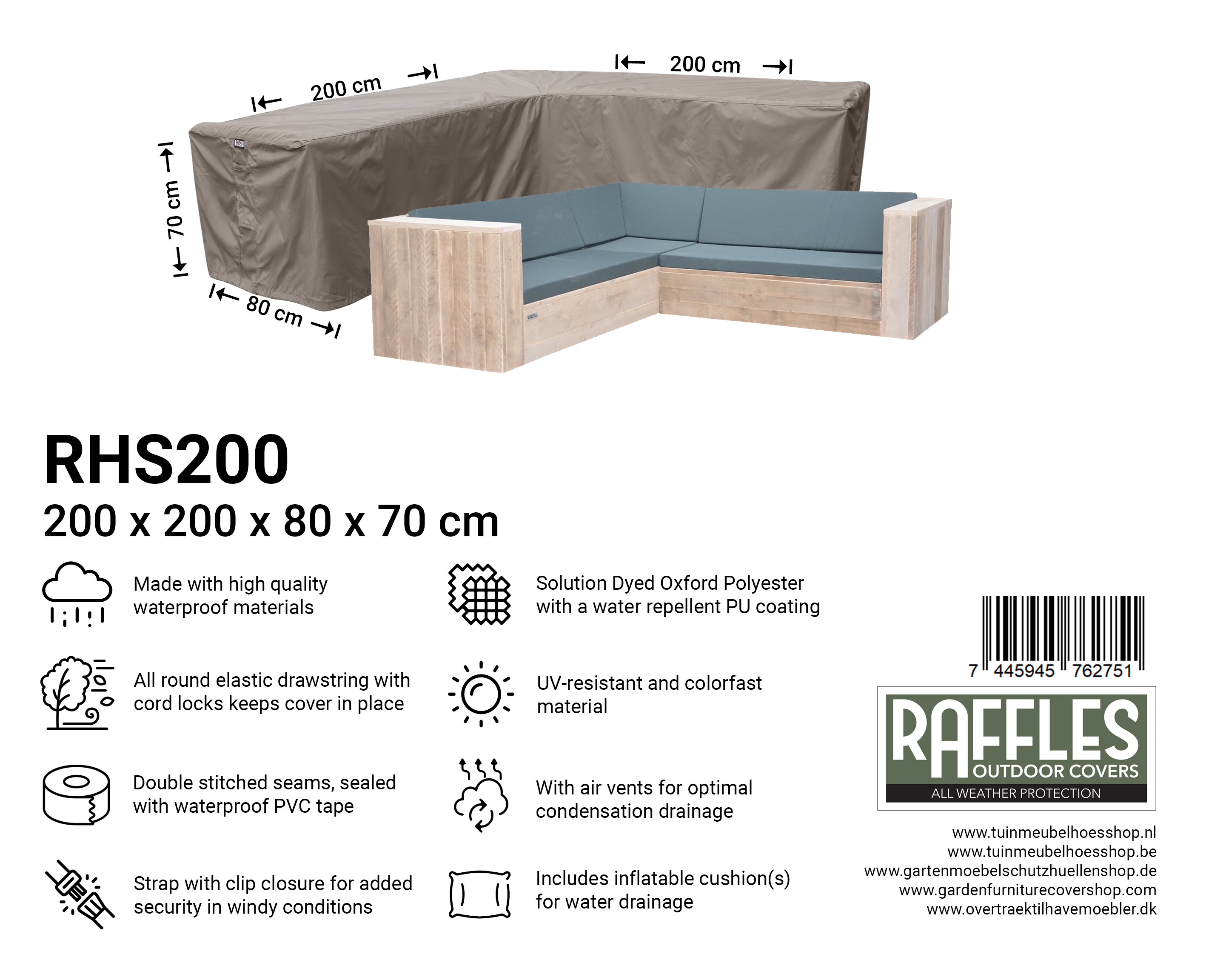 RHS200 hoes voor kleine hoekbank 200 x 200 x 90 H: 70 cm