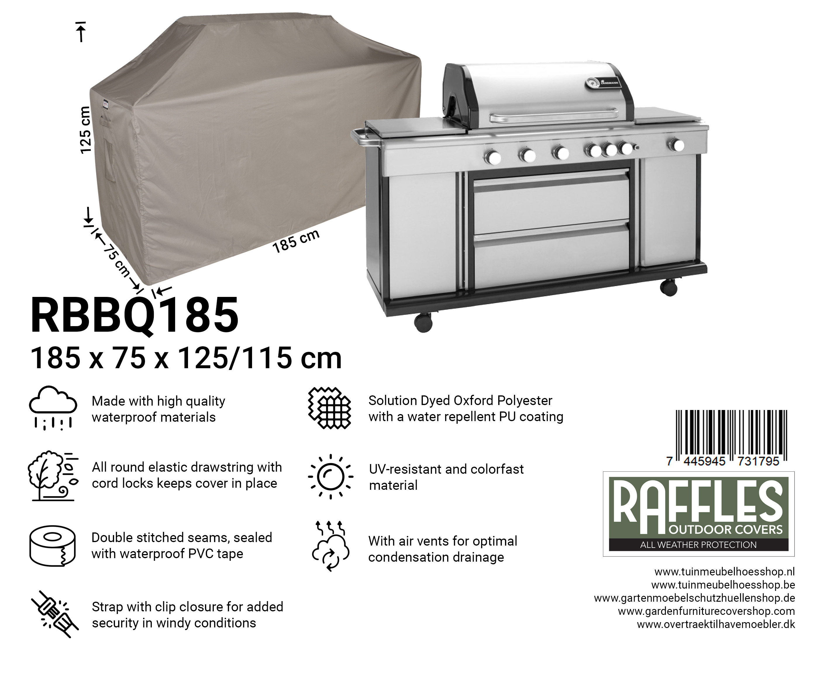 RBBQ185_7445945731795 BBQ Schutzhaube Grill 185 x 75 H: 125/115 cm