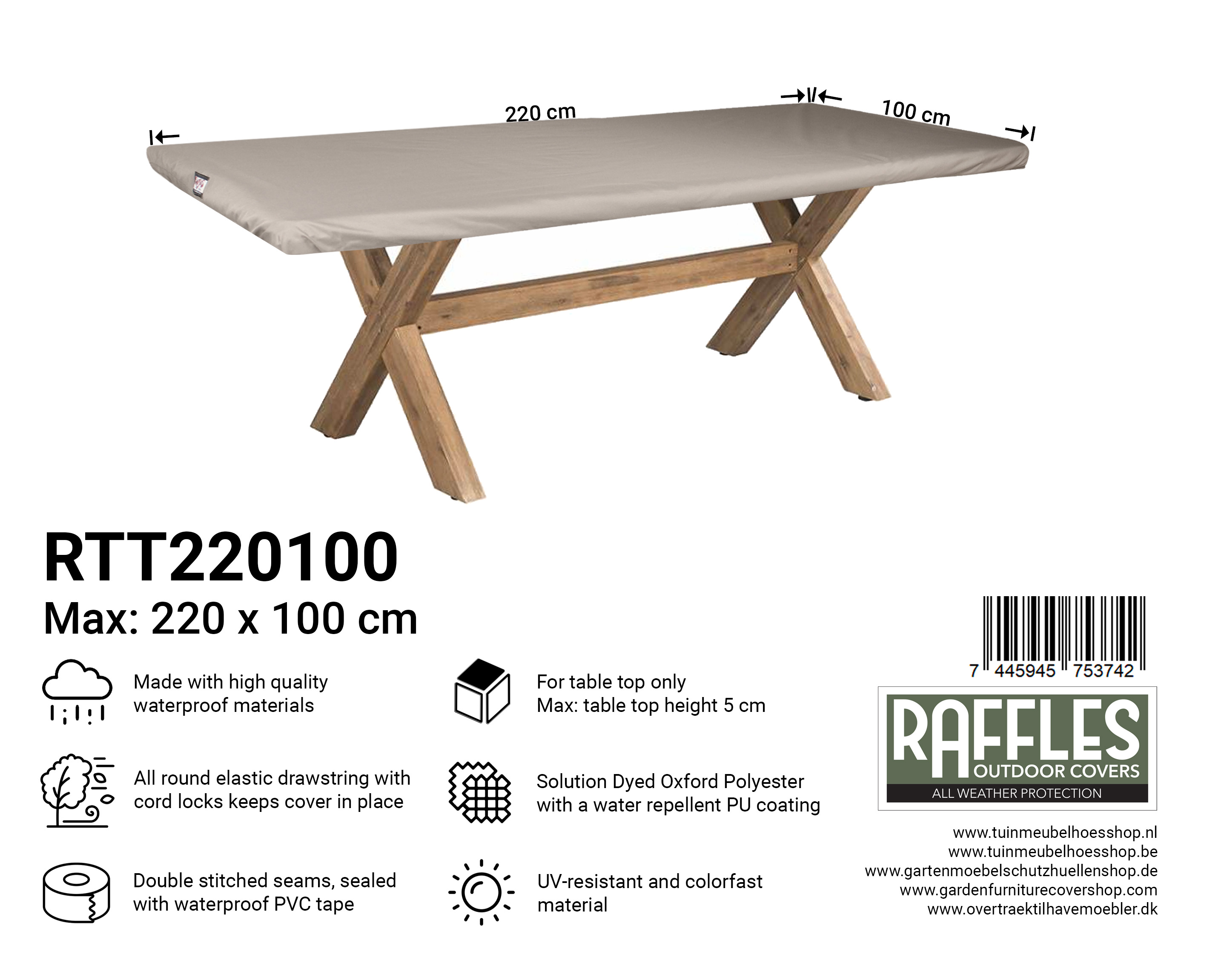 RTT220100 hoes voor tafelblad 220 x 100 cm