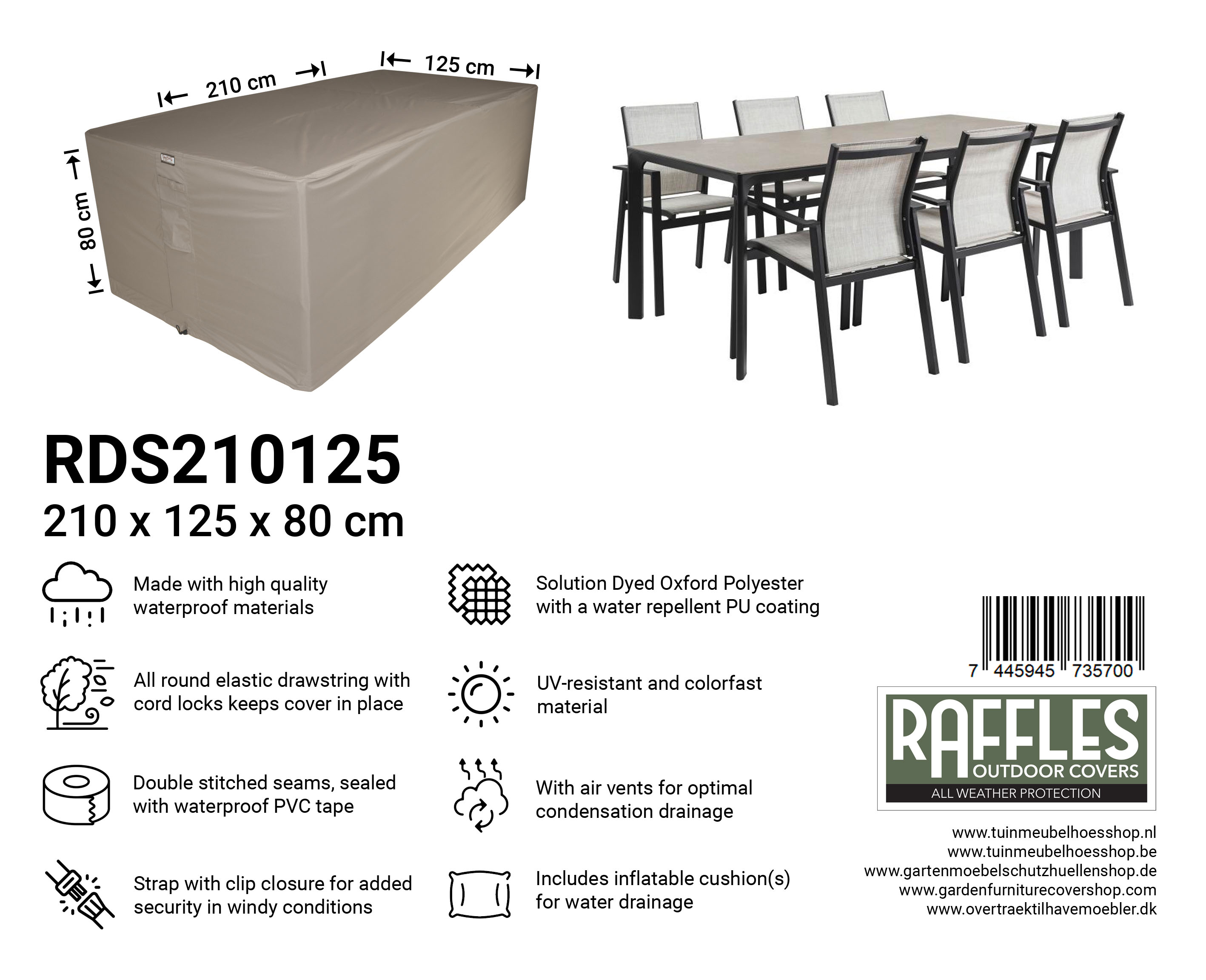 Abdeckhaube für rechteckige Möbelset 210 x 125 H: 80 cm