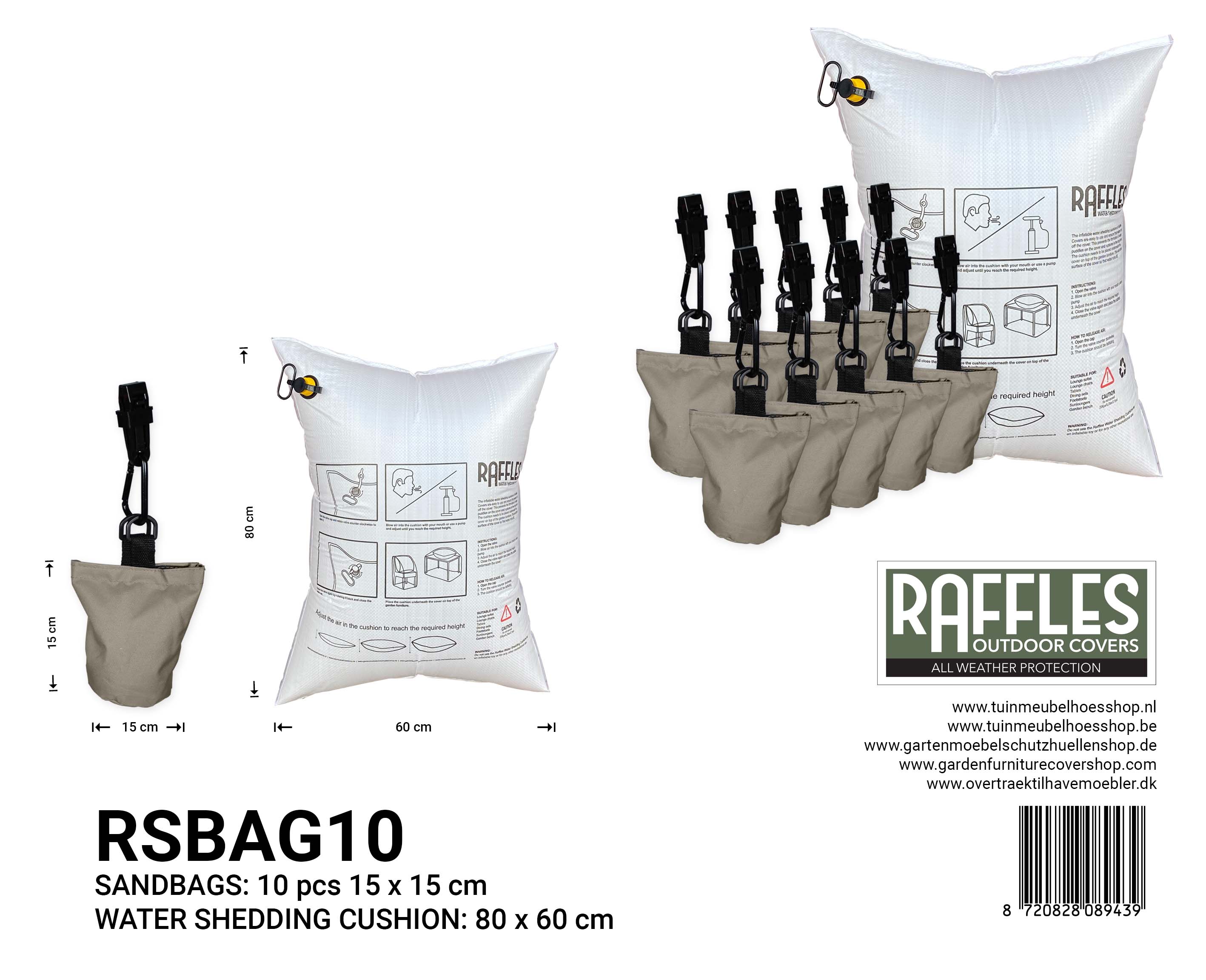 Wasserabweisendes Kissen 80 x 60 cm mit 10 Sandsäcken