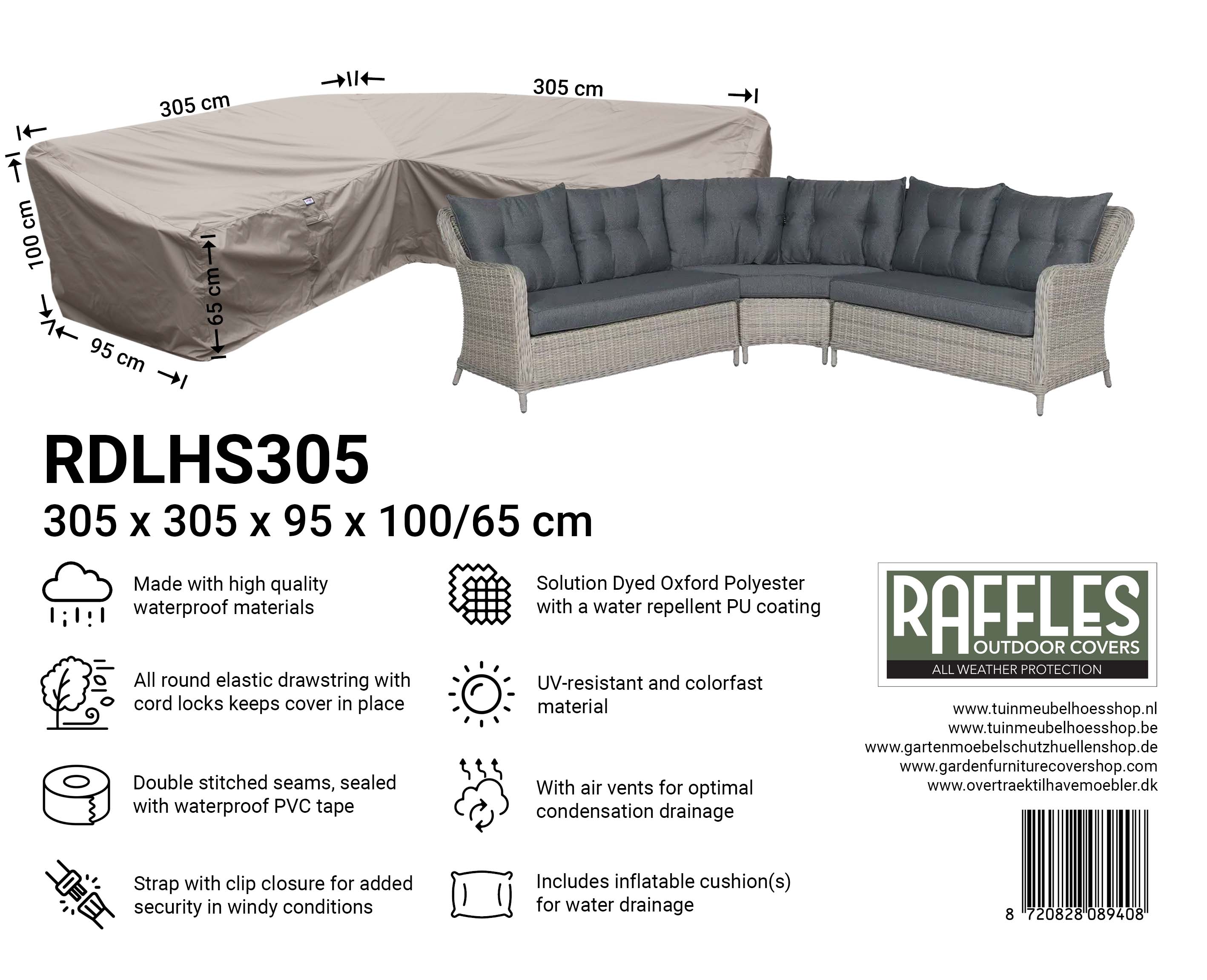 RDLHS305_8720828089408 Abdeckhaube für Gartenmöbel Ecksofas 305 x 305 x 95 H: 100/65 cm