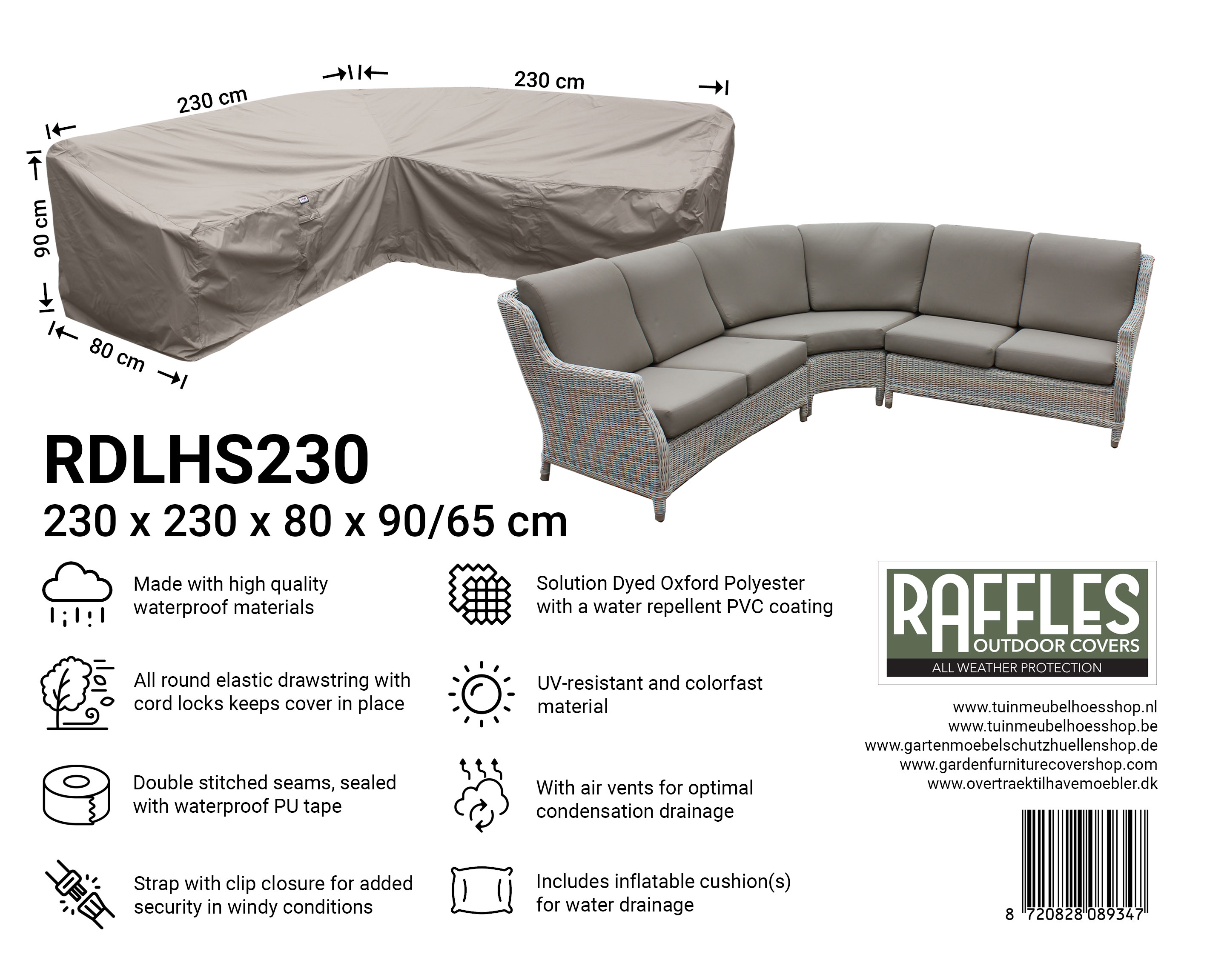 RDLHS230_8720828089347 Dining Ecksofa Schutzhülle 230 x 230 x 80, H: 90 / 65 cm