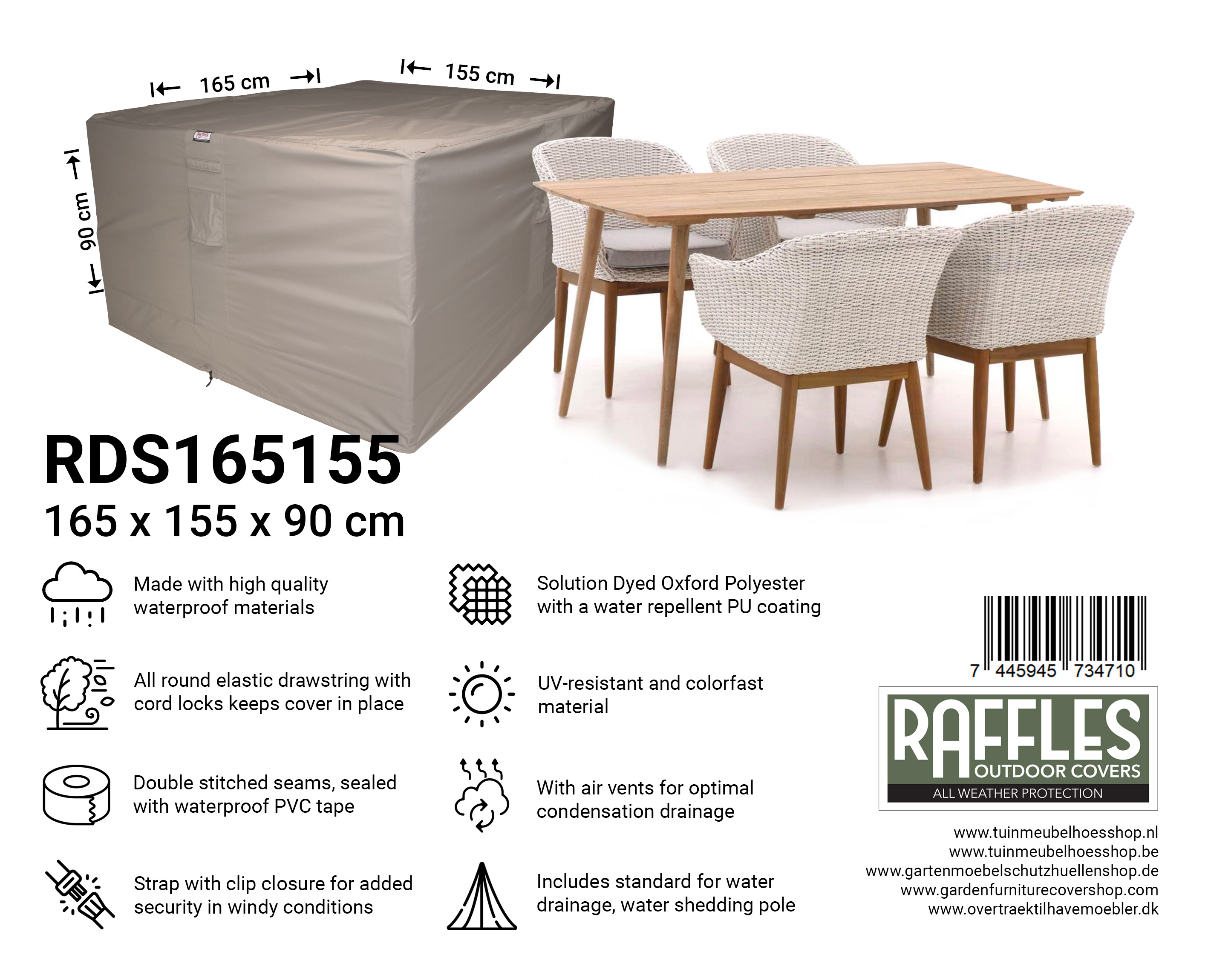 RDS165155_7445945734710 Abdeckplane für Garten-Tisch und Stühle 165 x 155 H: 90 cm