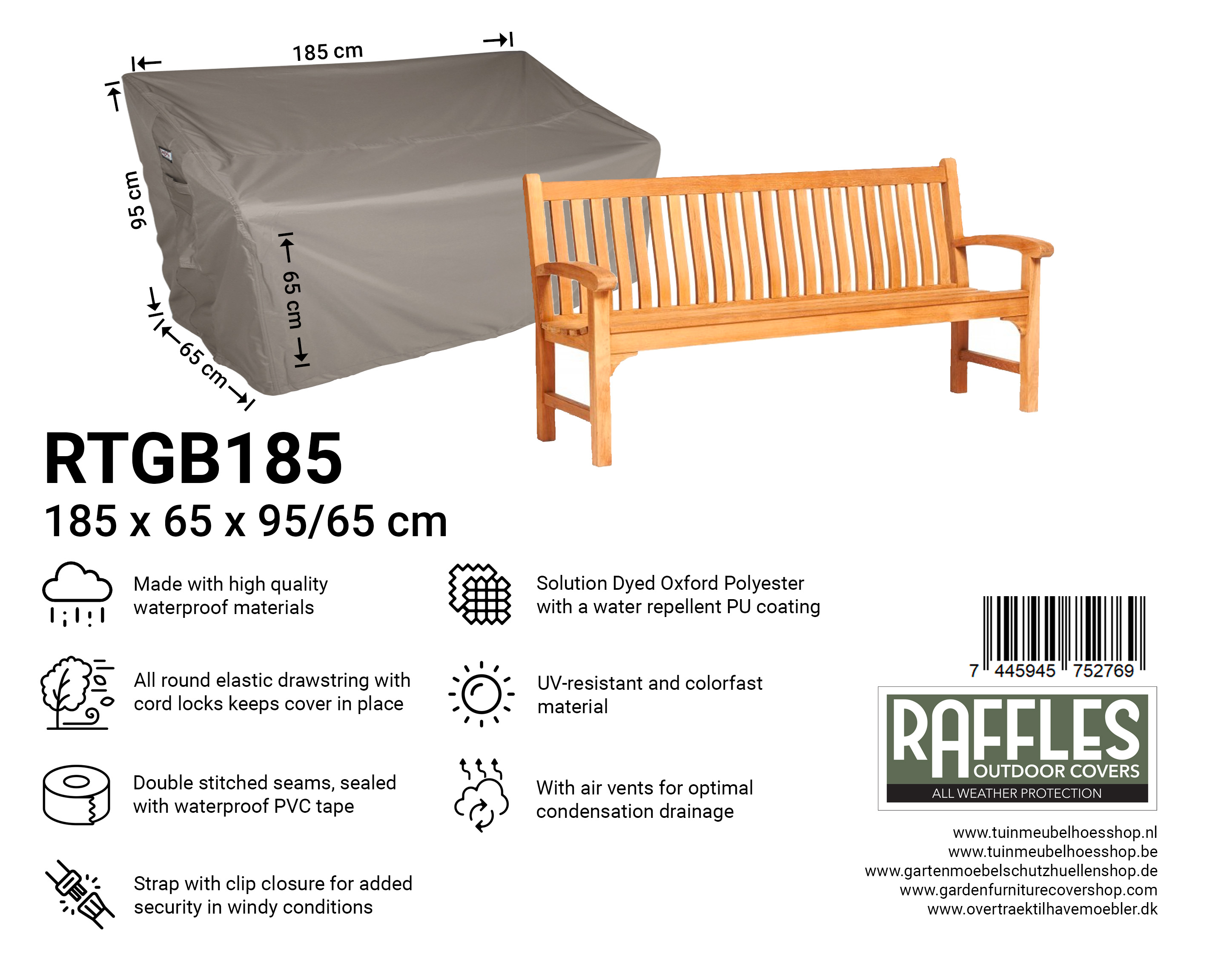 RTGB185 hoes tuinbank 185 x 65 H: 95/65 cm