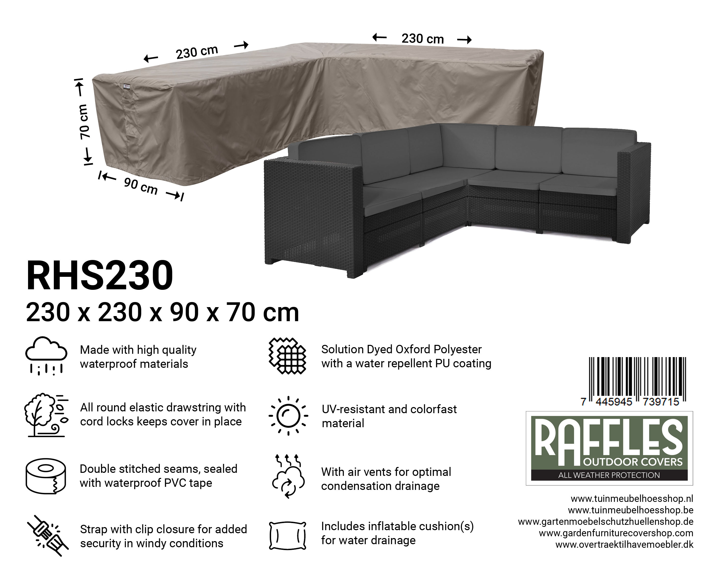 Loungemöbel Abdeckhaube L-Form 230 x 230 x 90 H: 70 cm