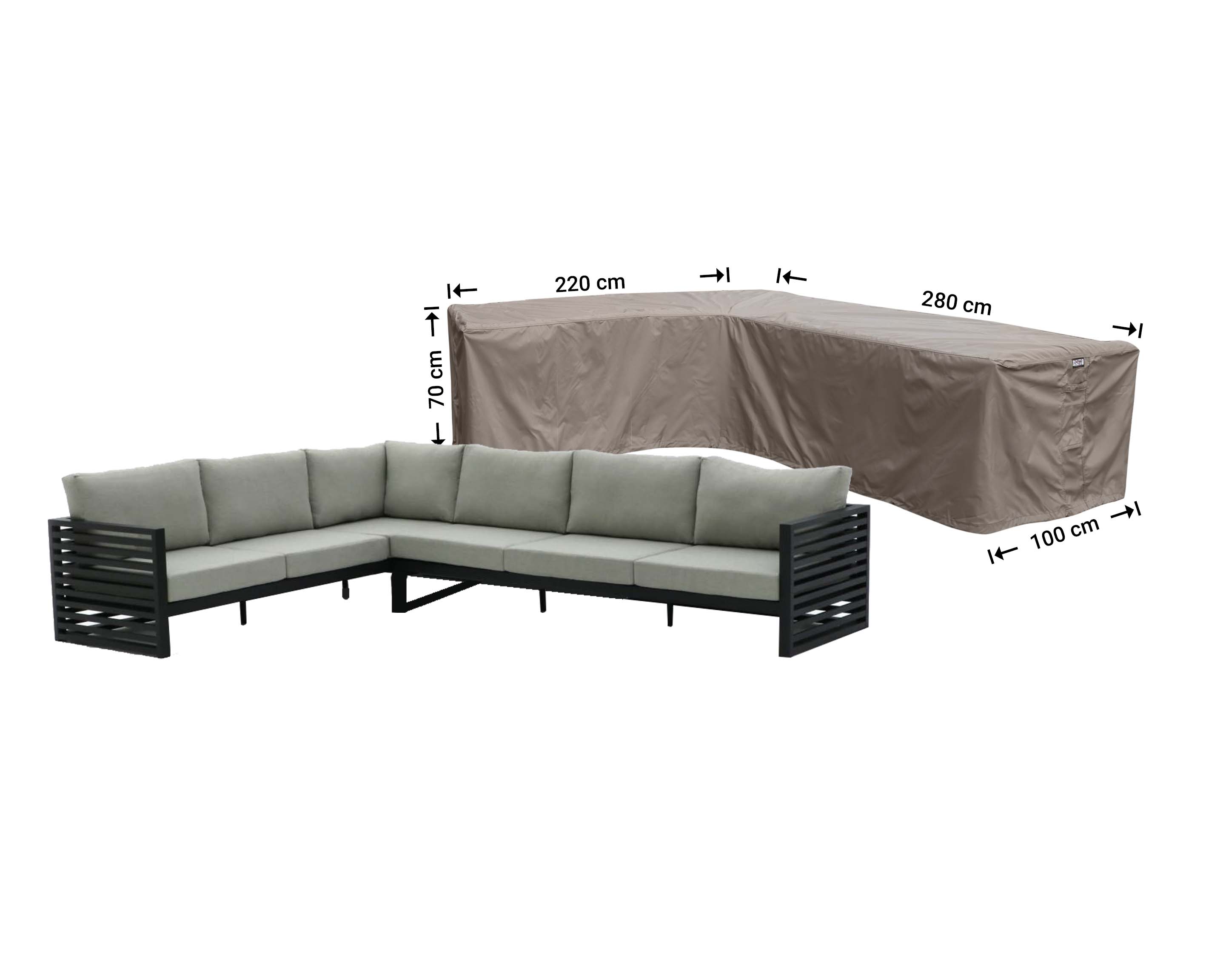 RHS280220left_afmetingen-hoes L-Form Abdeckschutz 280 x 220 x 100 H: 70 cm