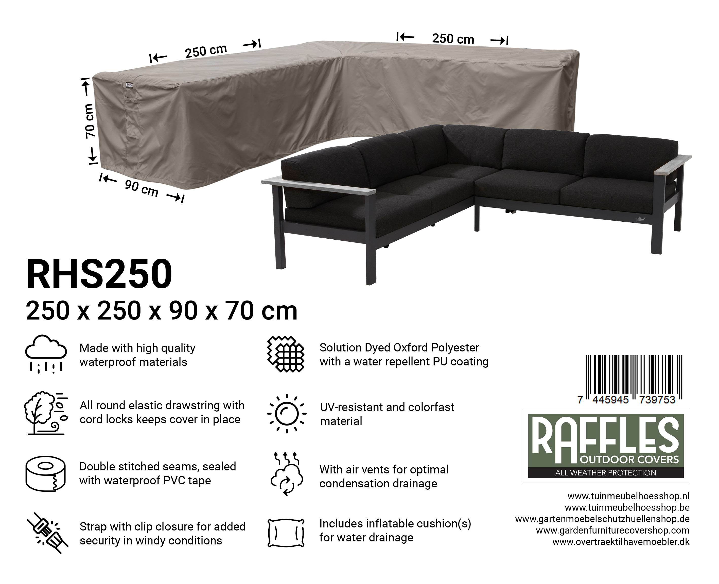Abdeckung für Lounge Eckset 250 x 250 x 90 H: 70 cm